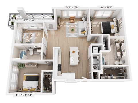 Floor plan for 2 beds, 2 baths, 1230 sqft